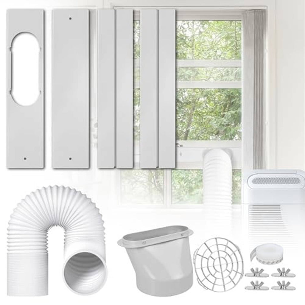Portable air conditioner window kit set with window panels, flexible vent hose, and bucket adapter