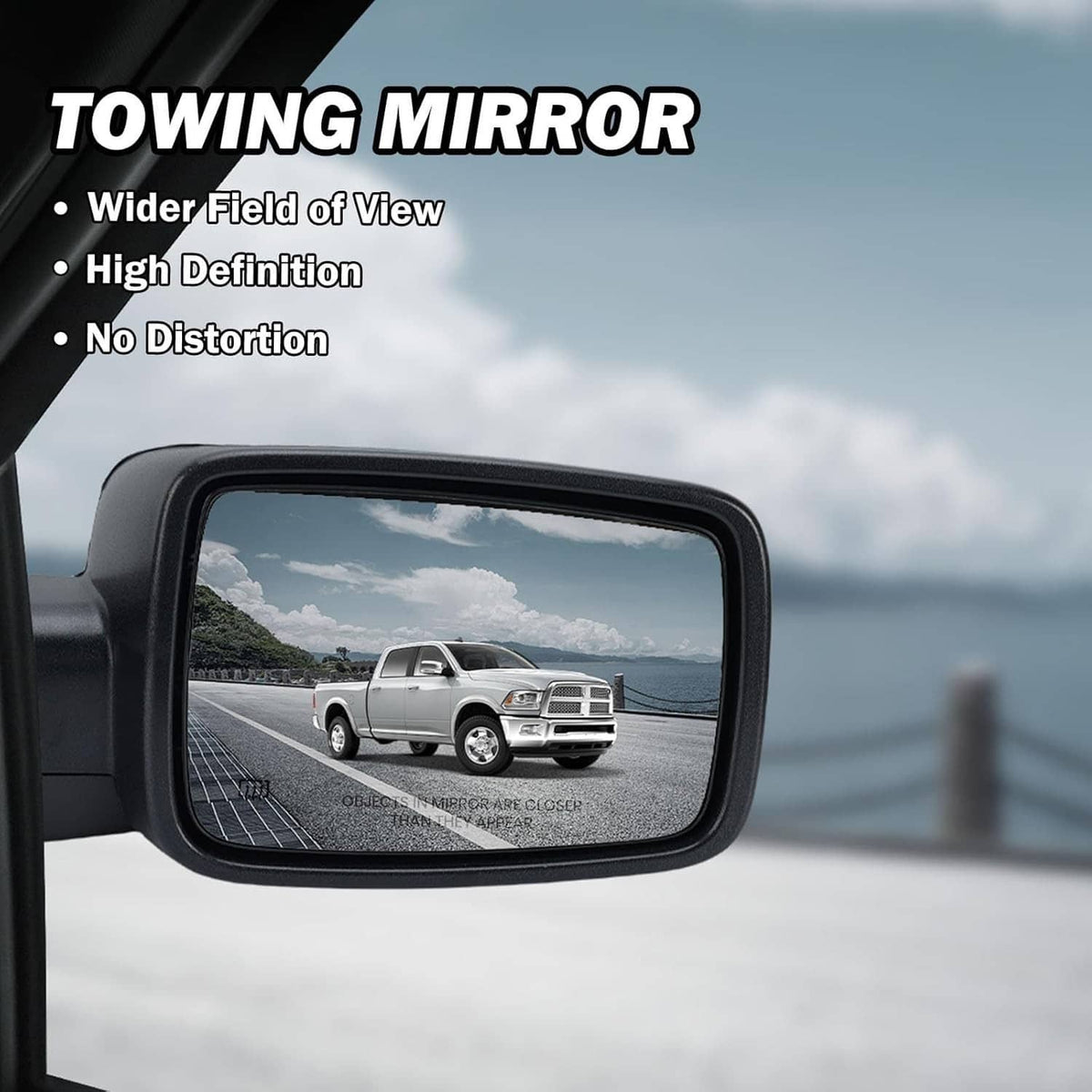 Right side power folding heated mirror with clear glass and black housing