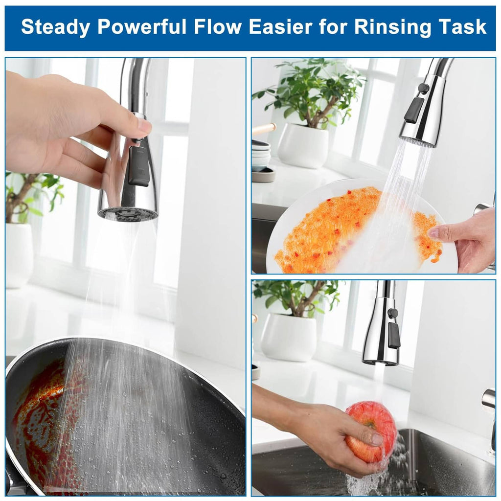Chrome faucet head with black switch, delivering steady spray for easy rinsing