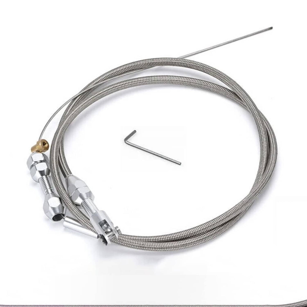 Throttle cable with braided housing, silver end fittings, and adjustment Allen key