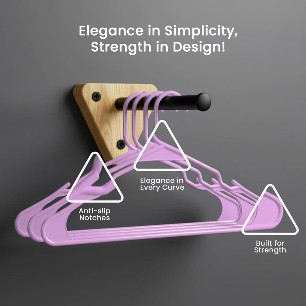 Pink plastic hanger set with anti-slip notches and sturdy build