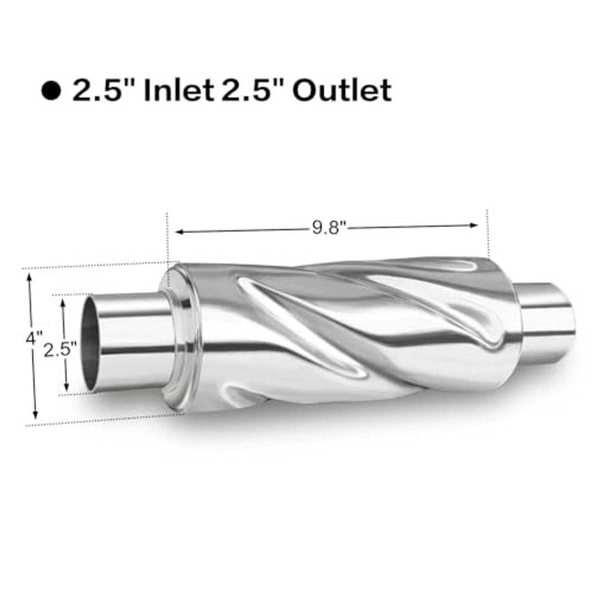Muffler showing 2.5-inch inlet and outlet and overall size, stainless steel finish