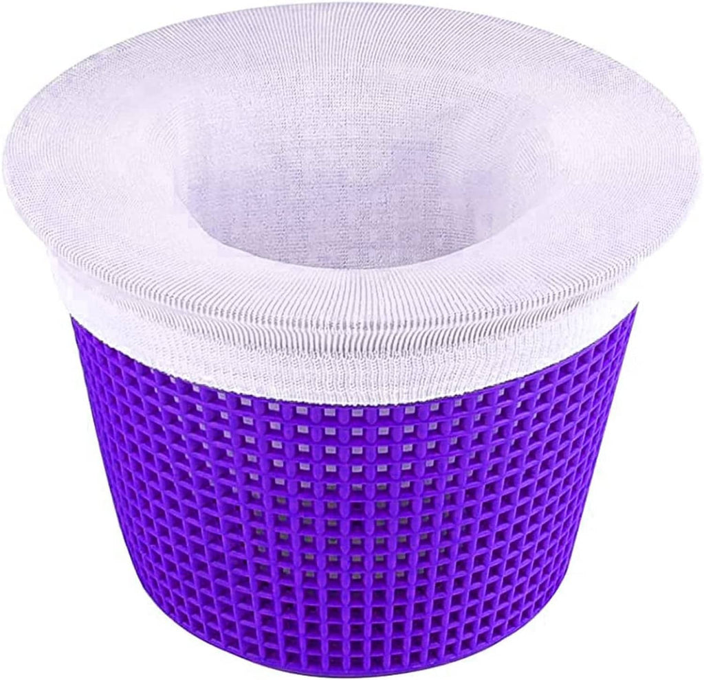 Purple pool skimmer filter sock with white rim, open mesh basket for debris