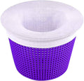 Purple pool skimmer filter sock with white rim, open mesh basket for debris