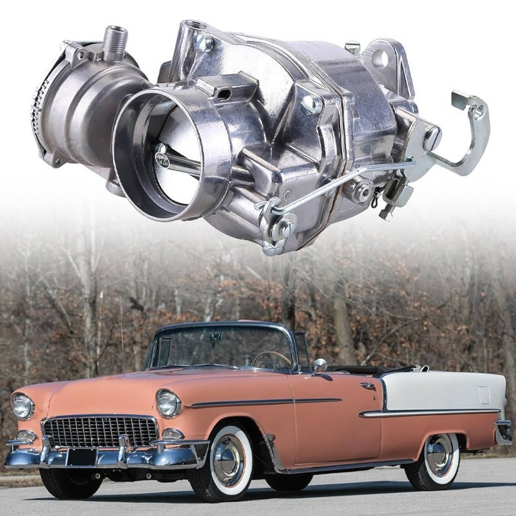 1-barrel carburetor assembly on engine with attached intake and linkage hardware