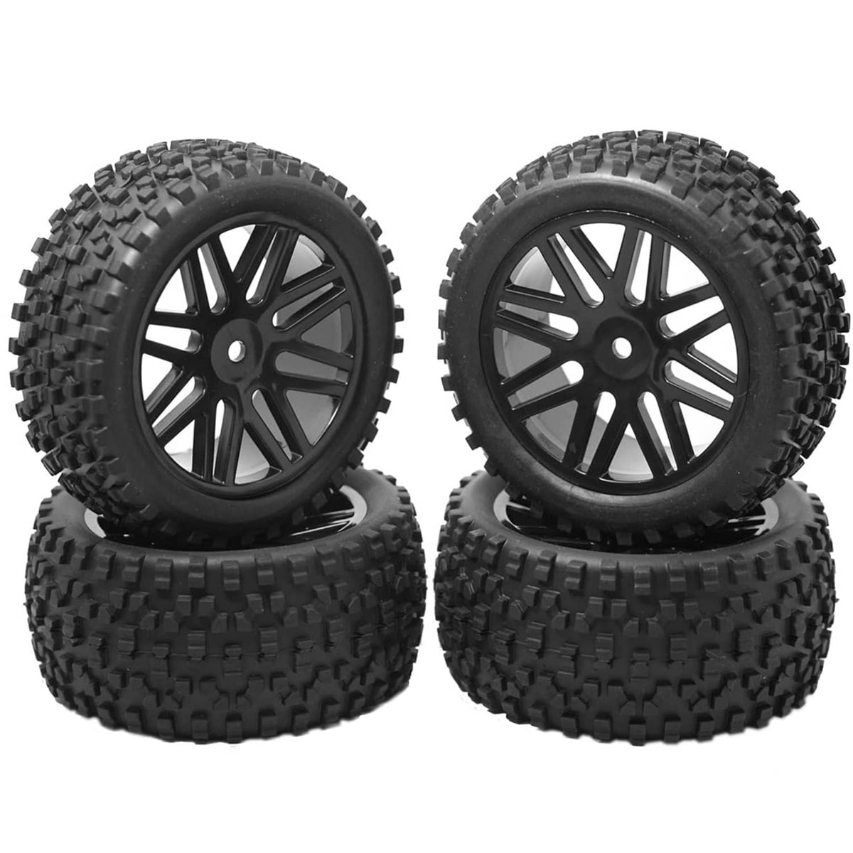 Set of 4 black RC wheels with spoke rims and textured traction tires