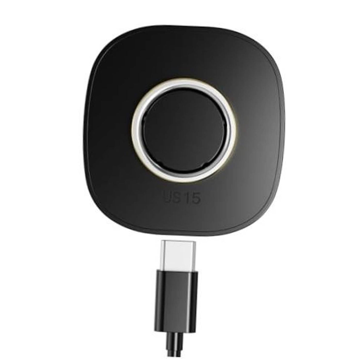 Black charging dock base with circular gold ring and connected USB-C cable