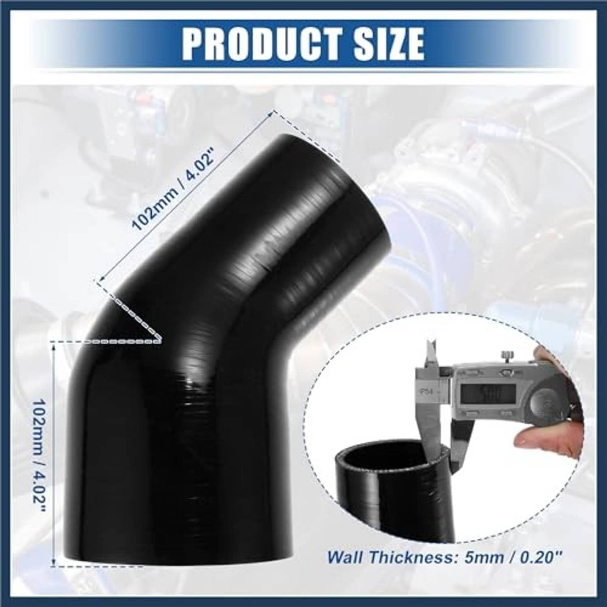 Black 45-degree silicone hose reducer coupler with product size measurement diagram