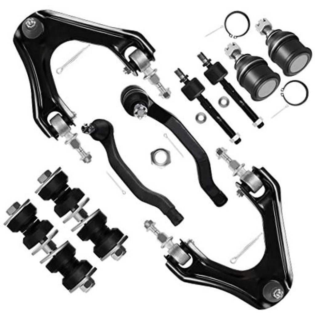 Front suspension control arm and tie rod end parts set, black arms with metal ends