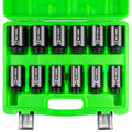 Black deep impact sockets in a 1/2 in drive set, in a green plastic case.