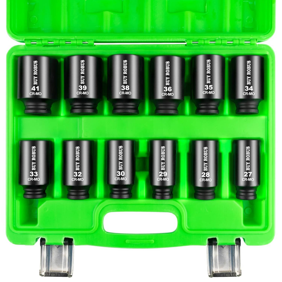 Black deep impact sockets in a 1/2 in drive set, in a green plastic case.