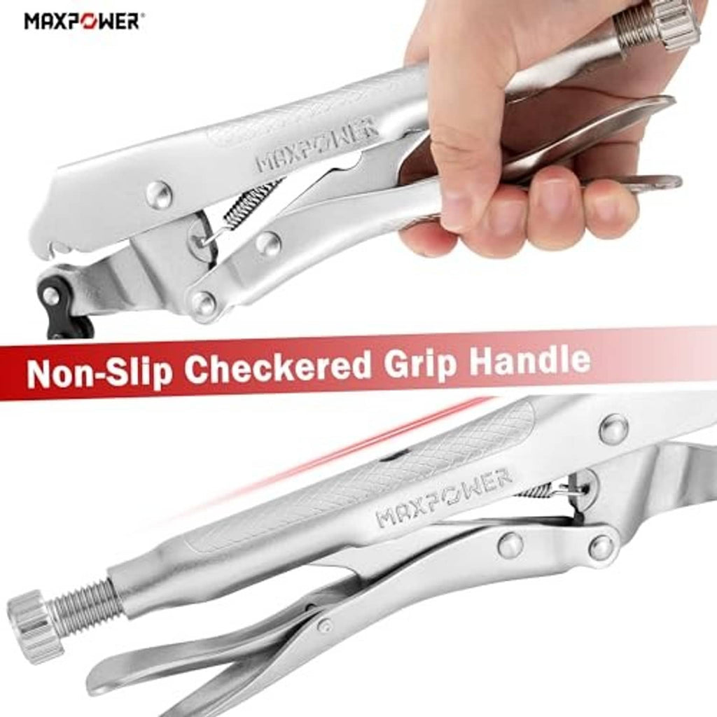 Silver chain clamp pliers with non-slip checkered grip handle and threaded screw