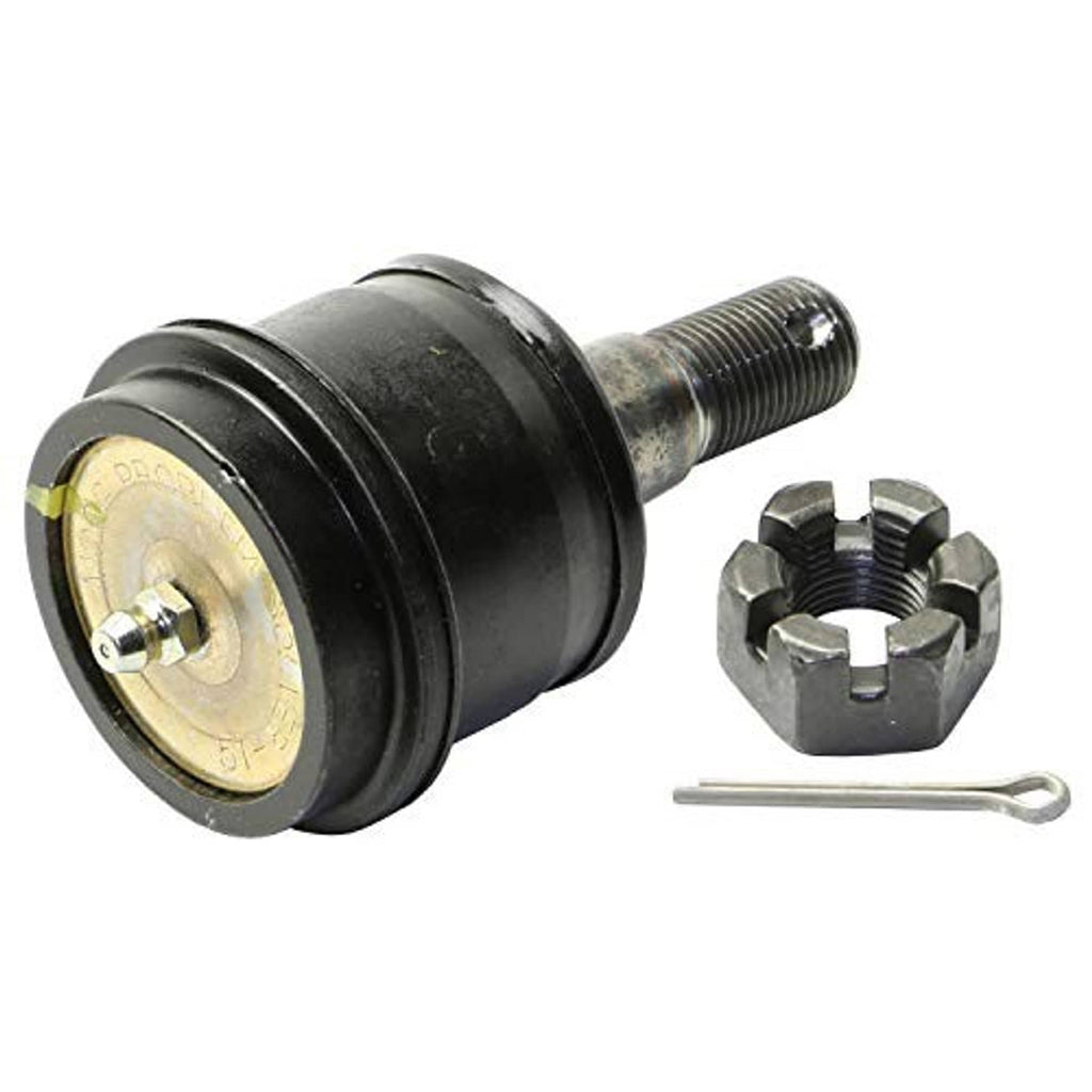 Front ball joint with round base and threaded shaft, black boot, includes nut and pin