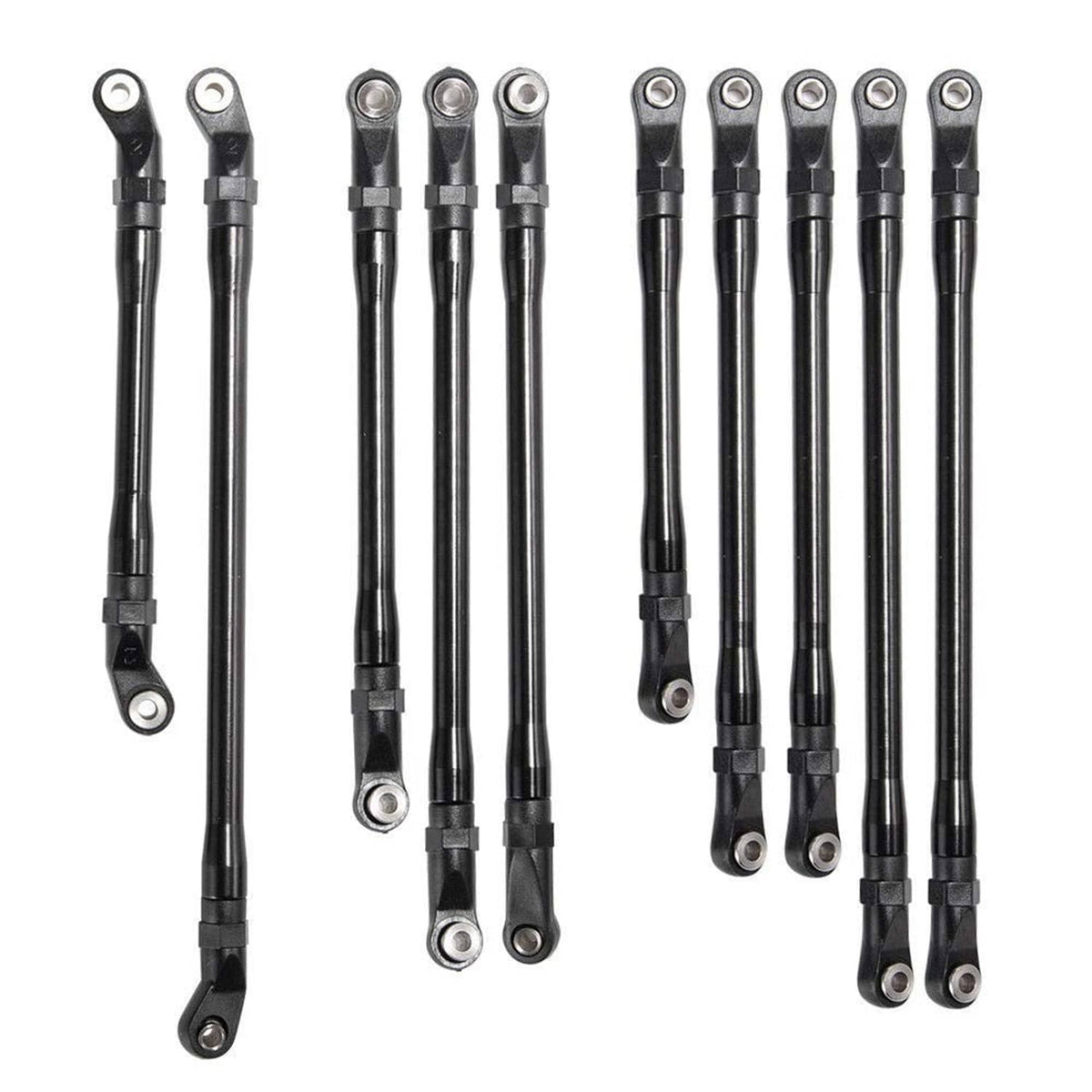 Black rod linkage set with silver eyelet ends, assorted lengths for RC chassis