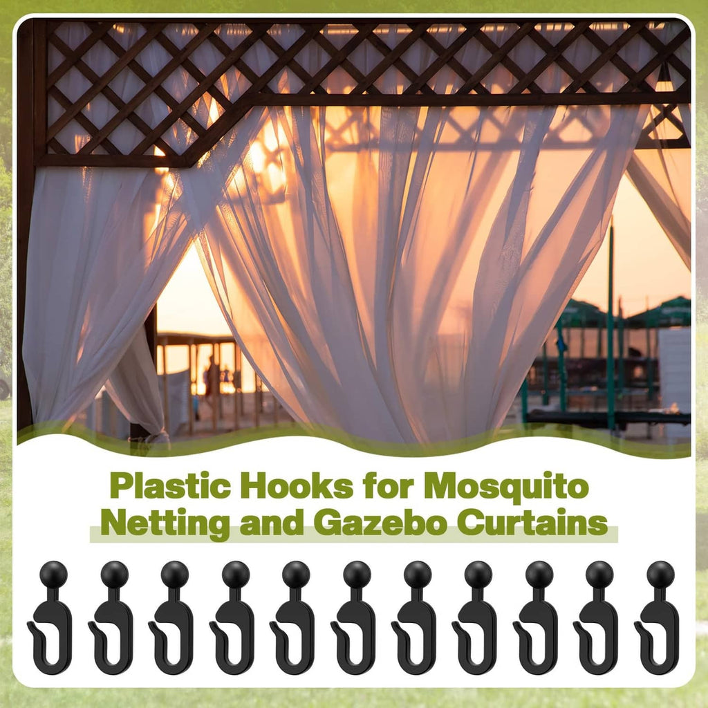 Black plastic mosquito netting and gazebo curtain hooks, row of ball-topped clips