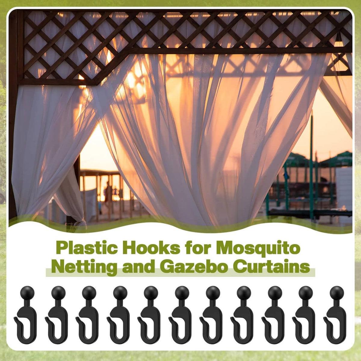 Black plastic mosquito netting and gazebo curtain hooks, row of ball-topped clips