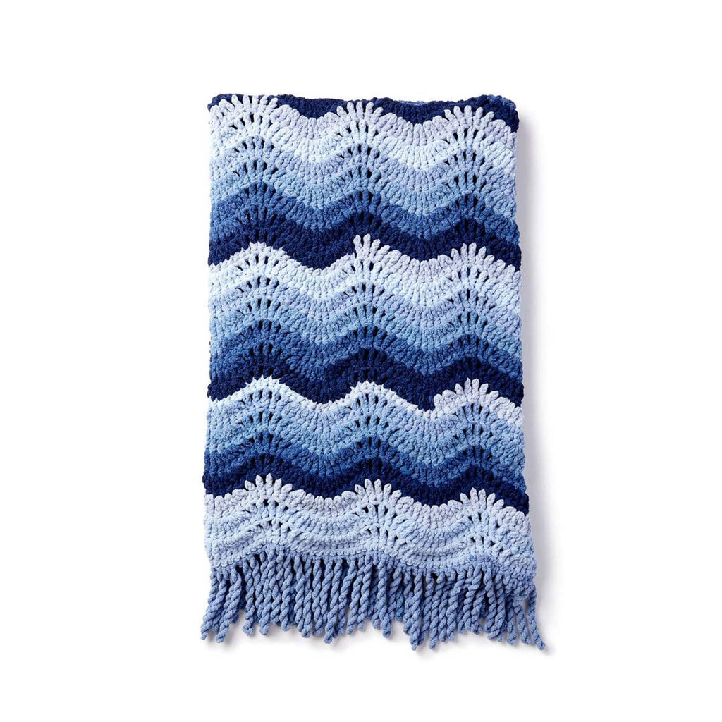 Chevron wave crochet blanket, blue and white ombre with soft fringe trim