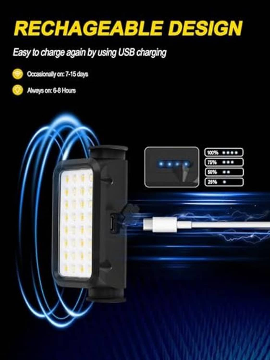 Rechargeable LED dome light with USB charging cable and battery level indicators