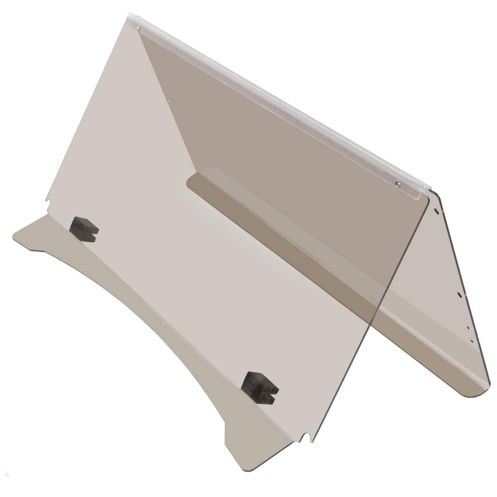 Folded beige tinted golf cart windshield panel with hinge and metal support arms