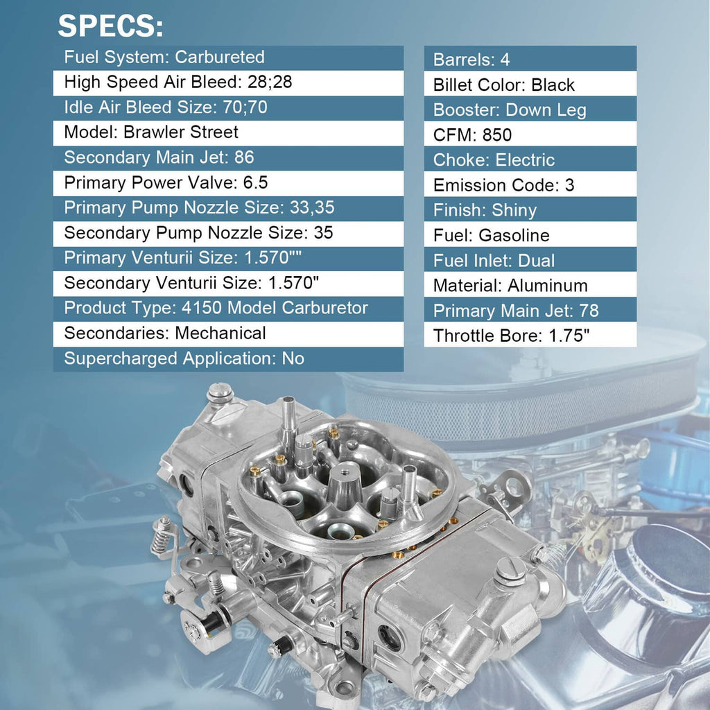 850 CFM mechanical carburetor on engine manifold with visible fuel inlet and linkage