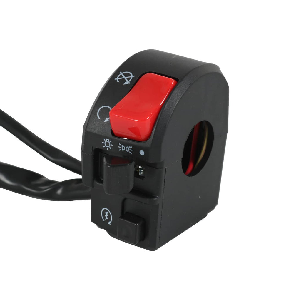 Motorcycle handlebar switch block with red horn button and black controls