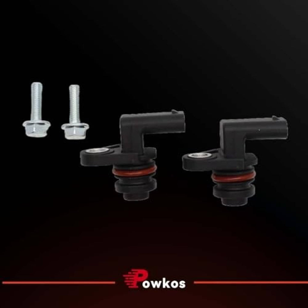Two camshaft position sensors with black housings, red seals, and included bolts