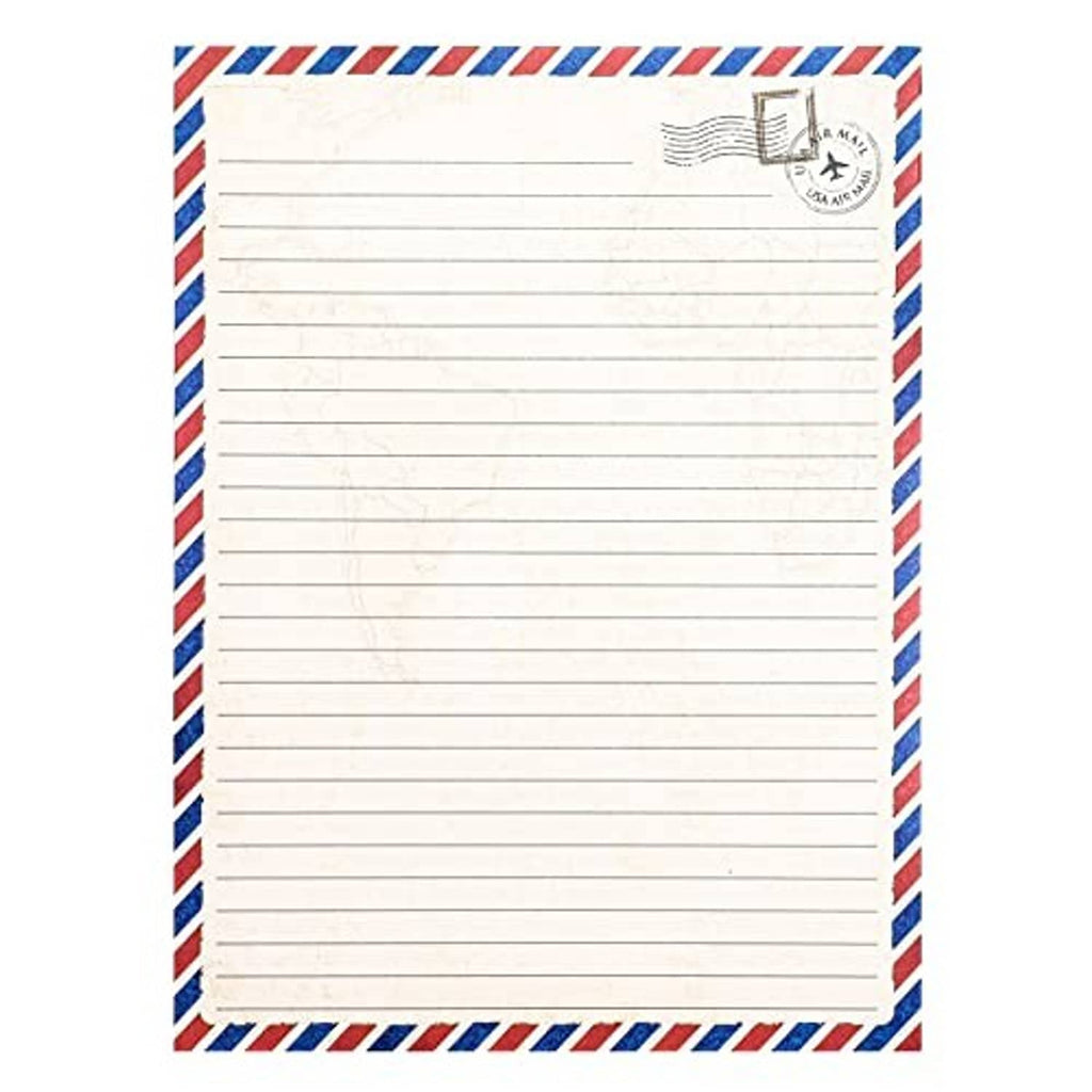Single lined letter sheet with air mail stamp and blue red white border frame