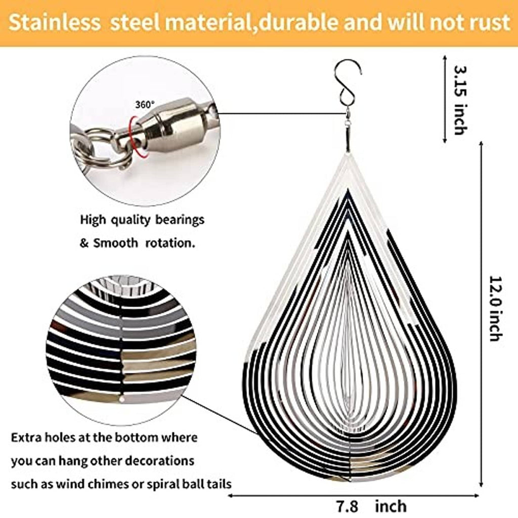 Teardrop stainless steel wind spinner with spiral slats and hanging hook
