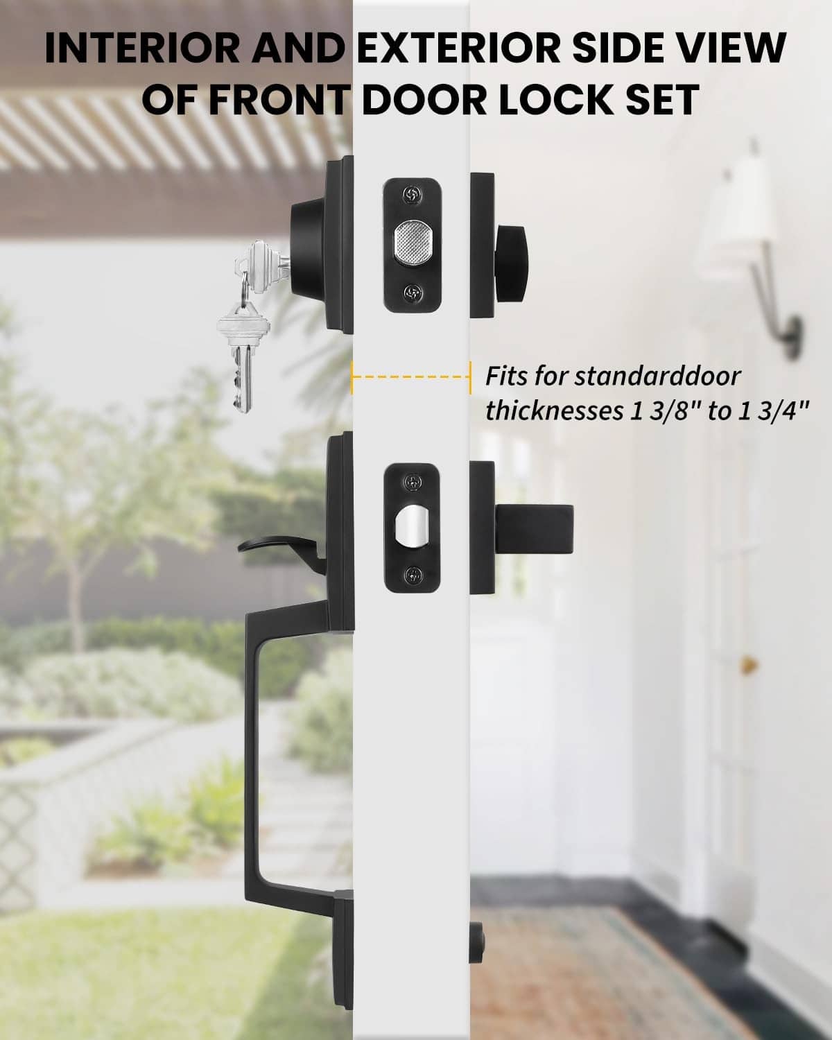 Black front door lock set side profile with thumb-turn and latch cylinder