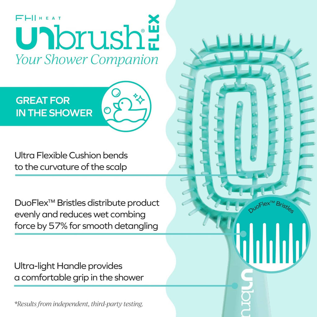 Teal flexible detangling hairbrush with raised cushion bristle pad and shower handle