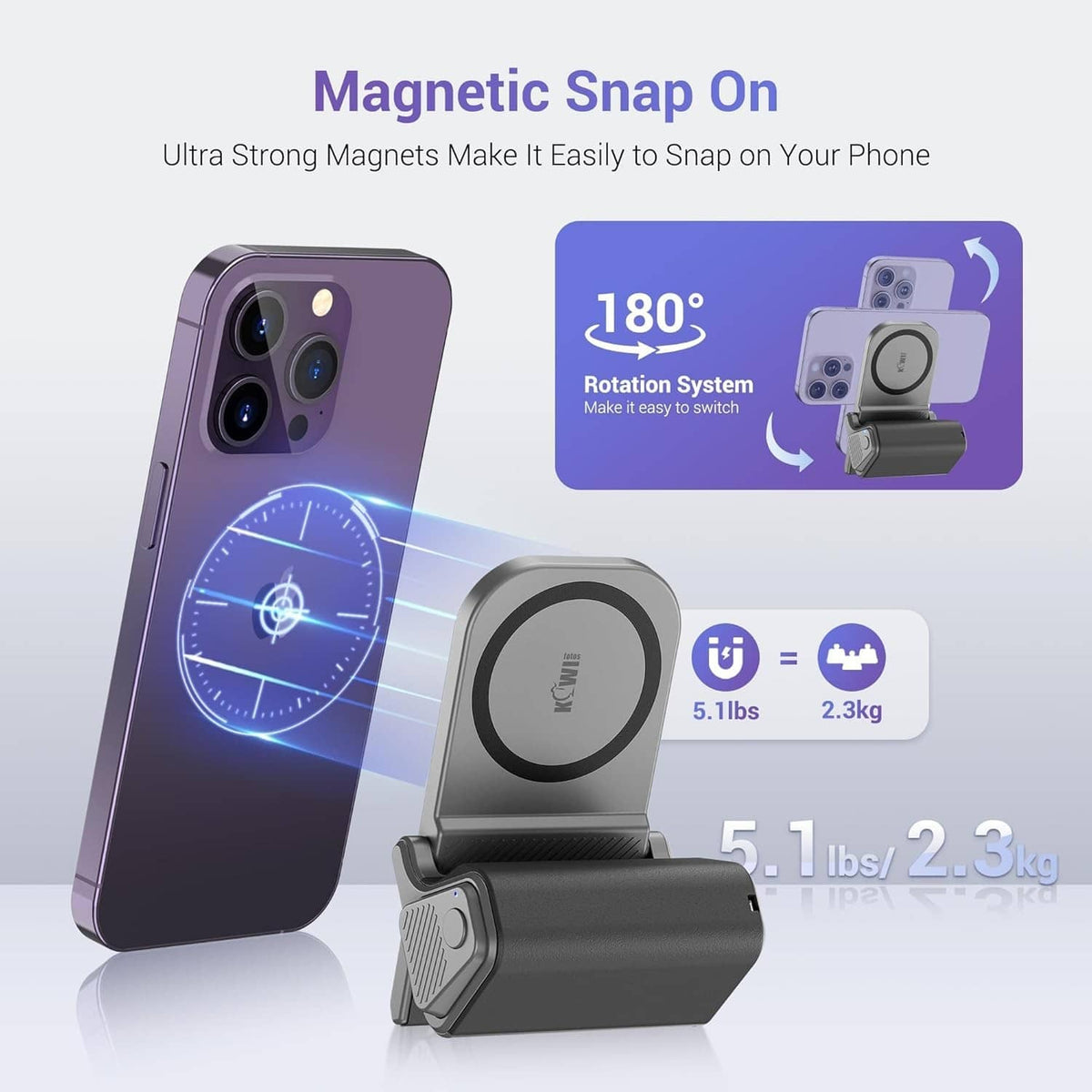 Gray magnetic phone grip stand with 180° rotation joint and circular magnetic mount