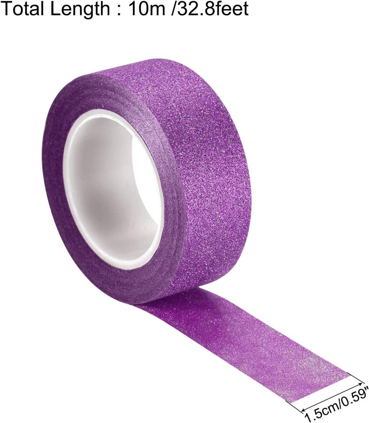 Purple glitter self-adhesive tape roll with extended strip and visible size markers.