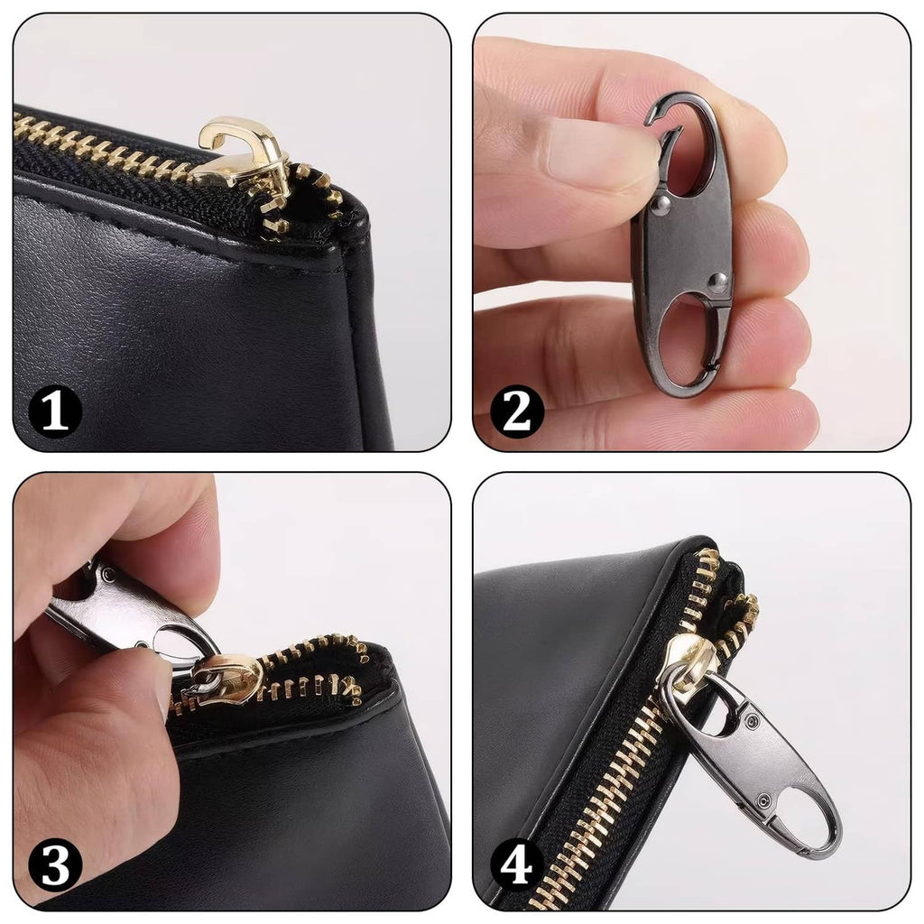 Anti-theft zipper clip close-up attached to a zipper track using metal clasp