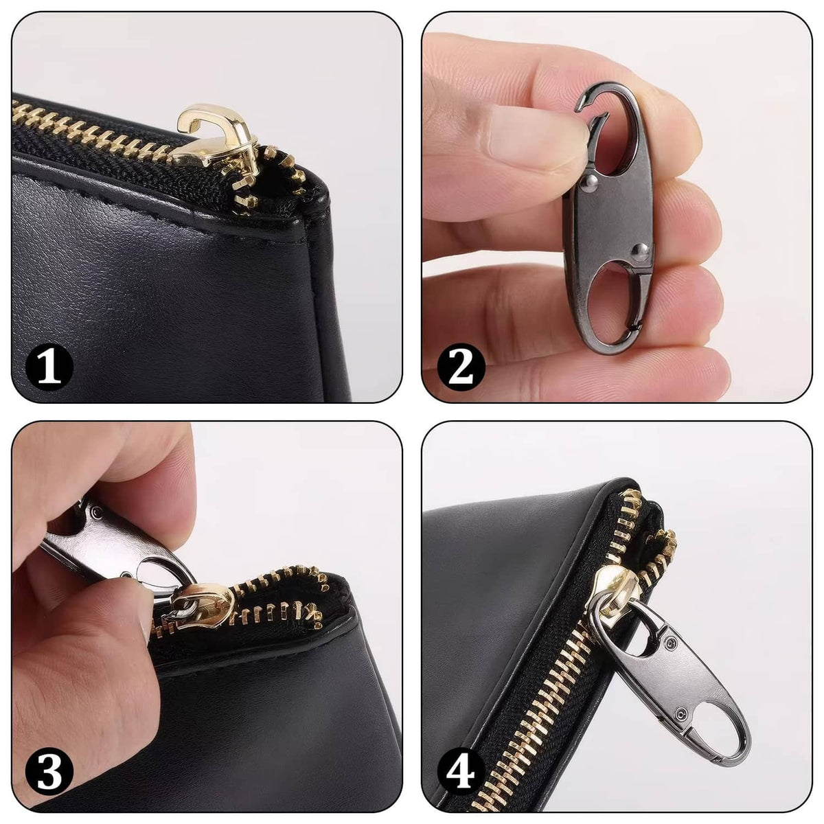 Anti-theft zipper clip close-up attached to a zipper track using metal clasp