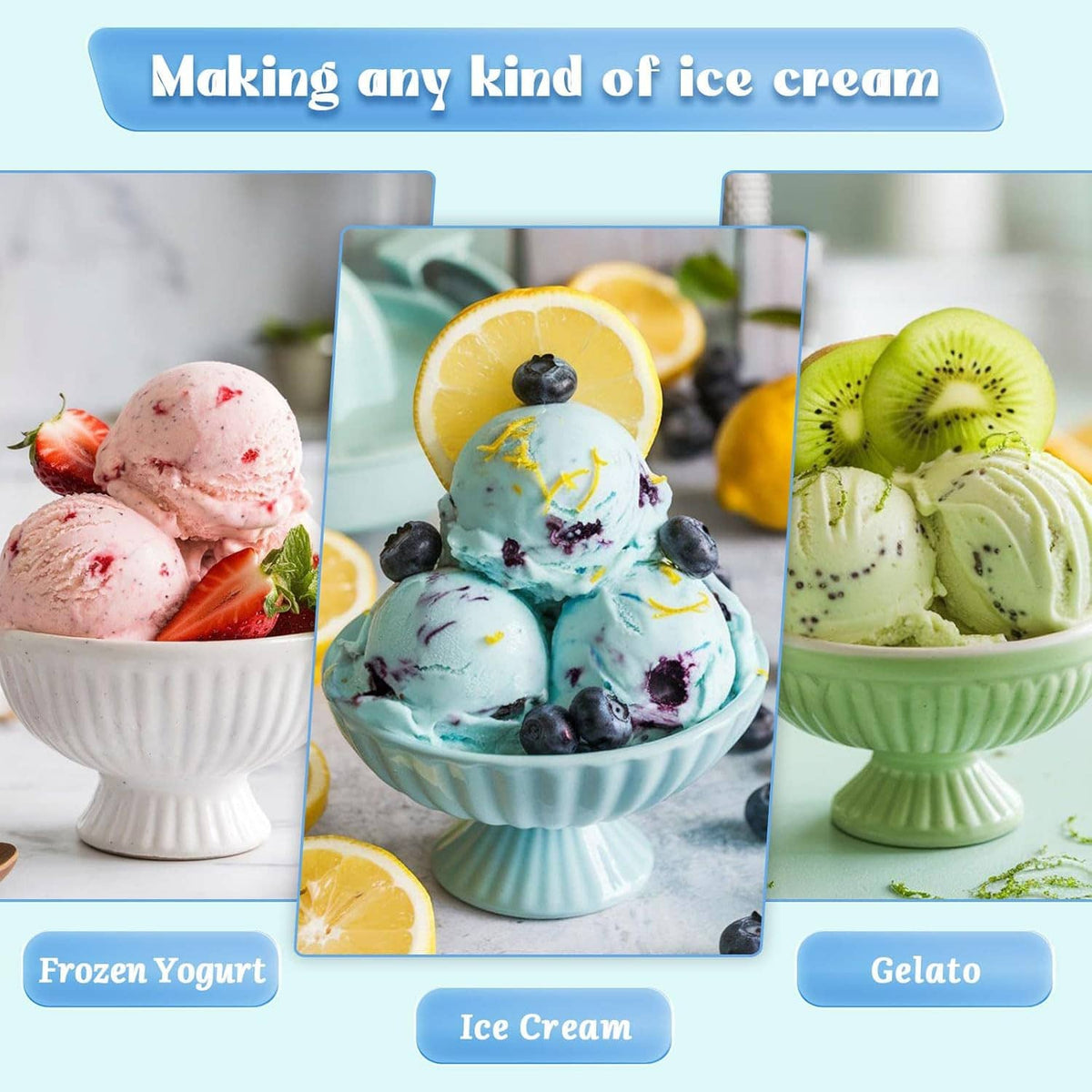 Ice cream maker attachment shown with three finished frozen dessert bowls