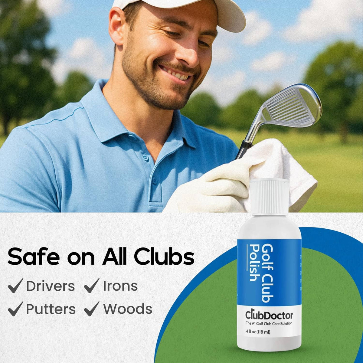 Golf club polish bottle with blue label next to a golfer wiping a club with a towel.