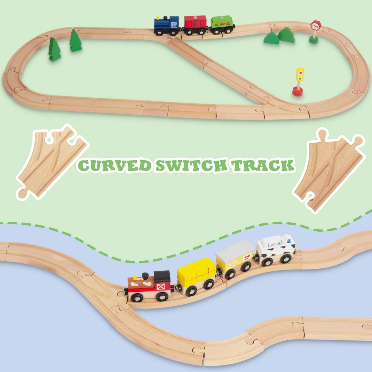 Light wood curved switch track with interlocking peg connectors for wooden trains.