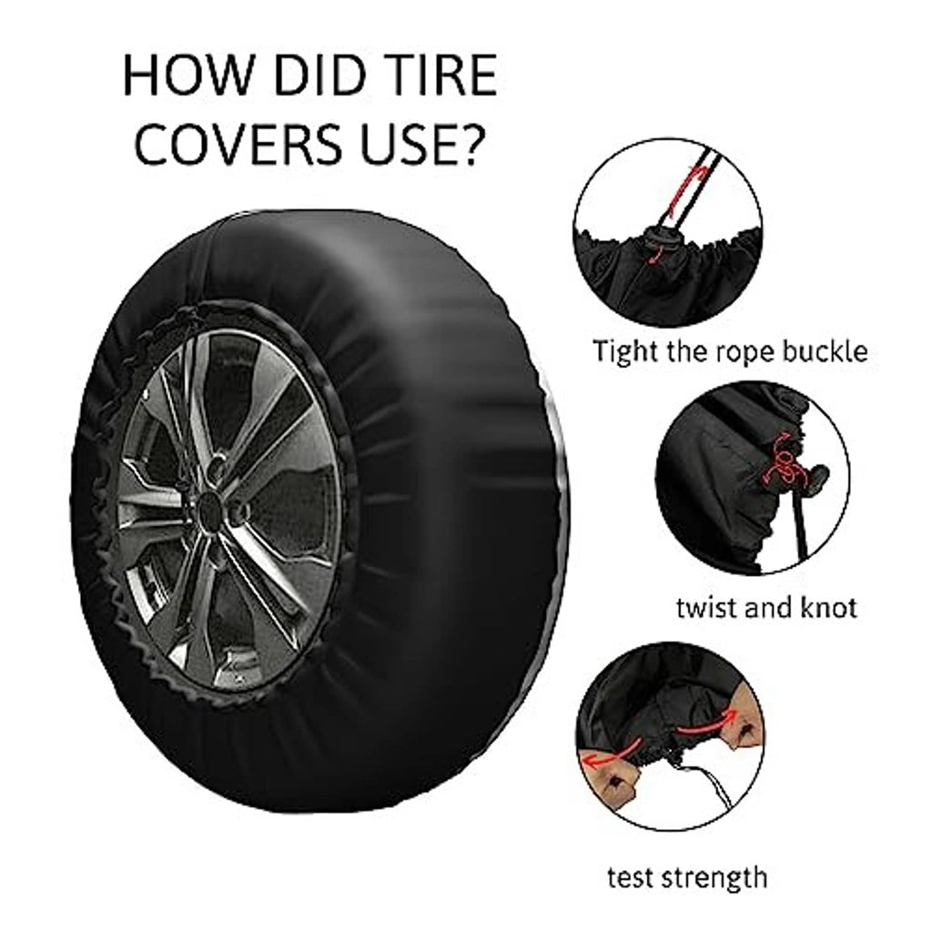 Spare tire cover use guide showing rope buckle fastening and twist-and-knot