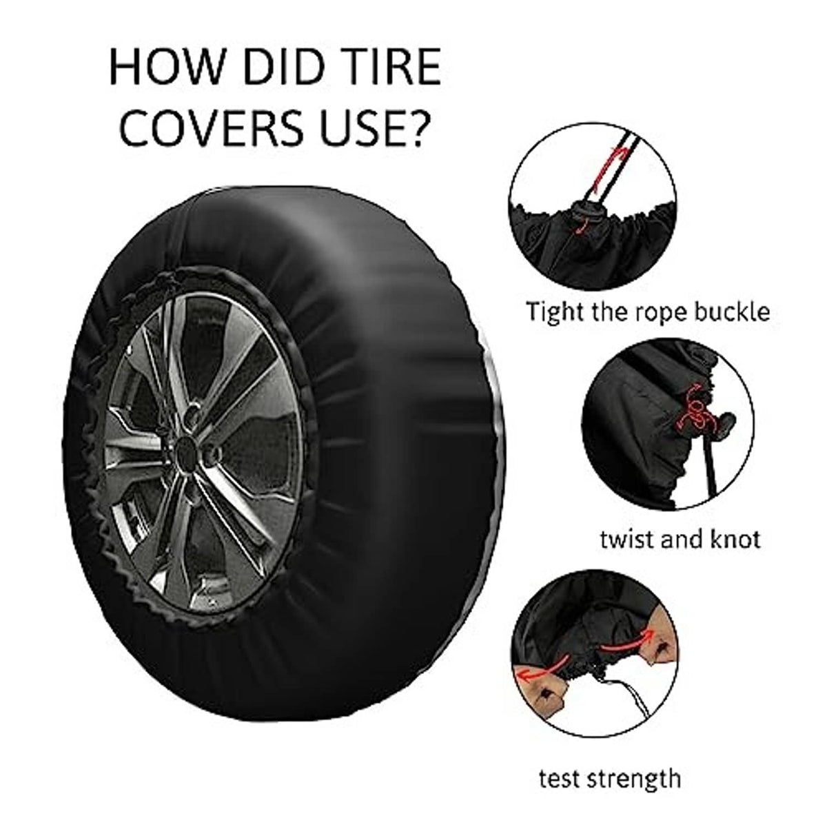 Spare tire cover use guide showing rope buckle fastening and twist-and-knot