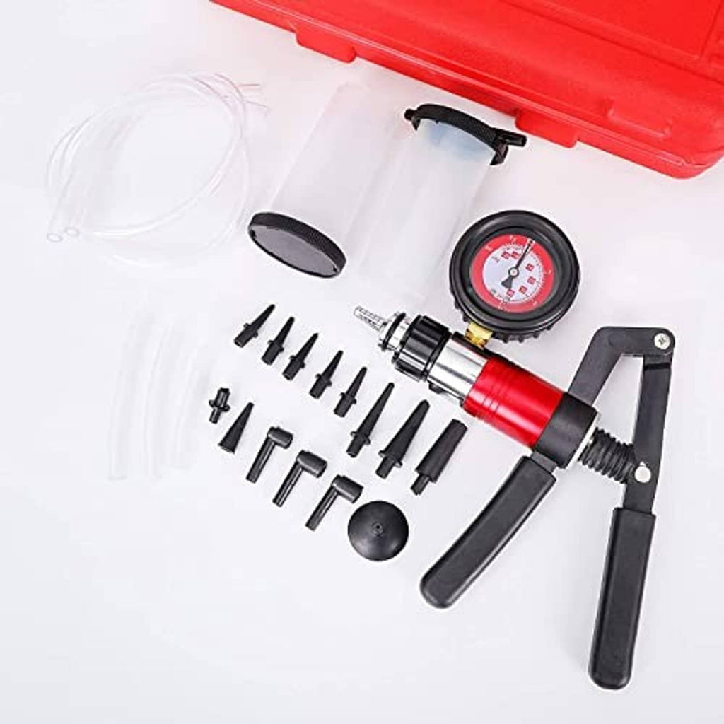 Brake bleeding tool kit in red case with pressure gauge, pump, and fittings