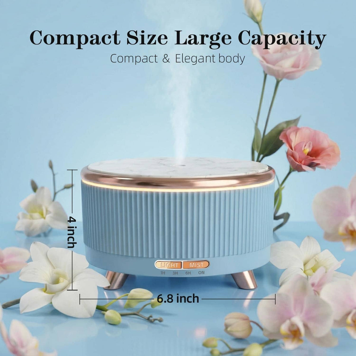 Blue ultrasonic essential oil diffuser with ribbed sides, copper feet, and circular top vents.