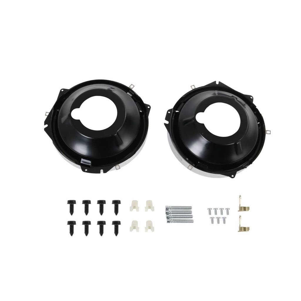Two black headlight buckets with screws, white clips, and metal bolts in a kit