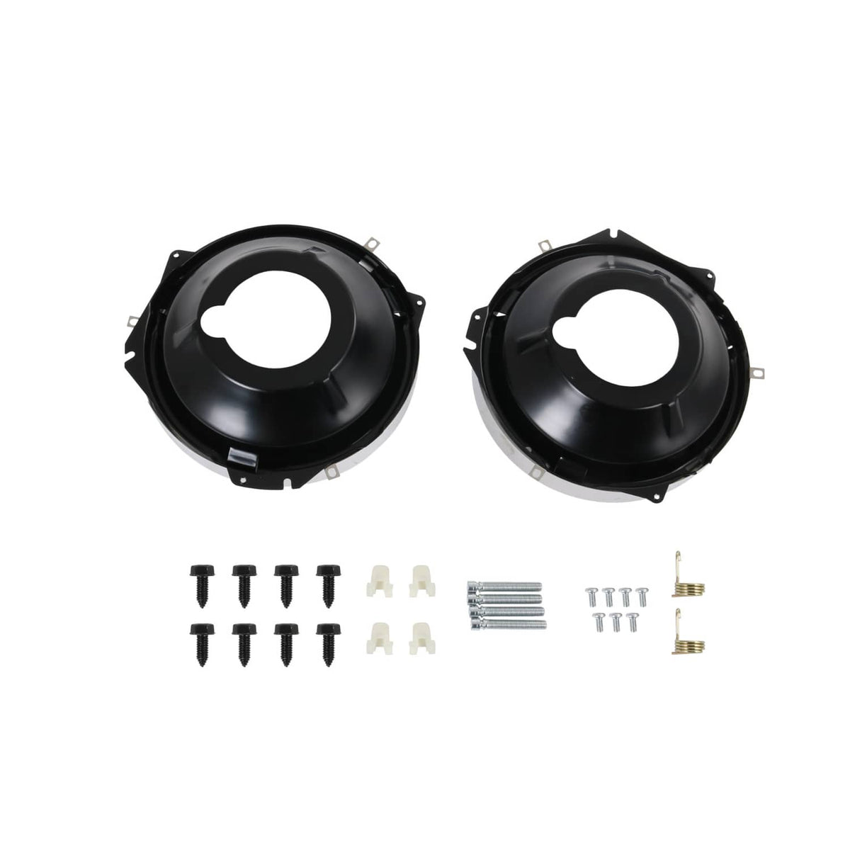 Two black headlight buckets with screws, white clips, and metal bolts in a kit