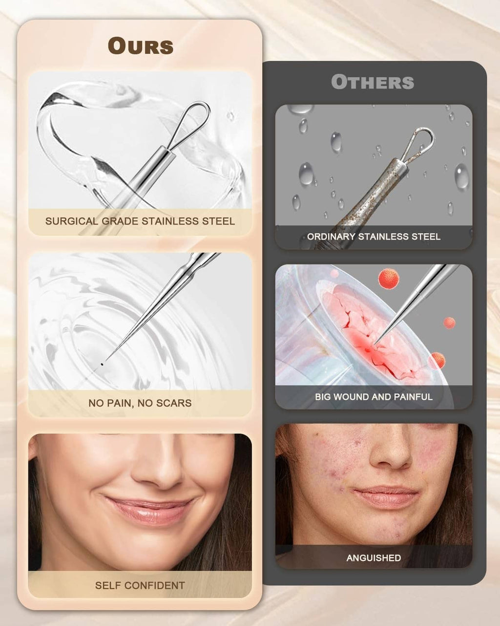 Surgical-grade stainless steel facial extraction tool with comparison panels