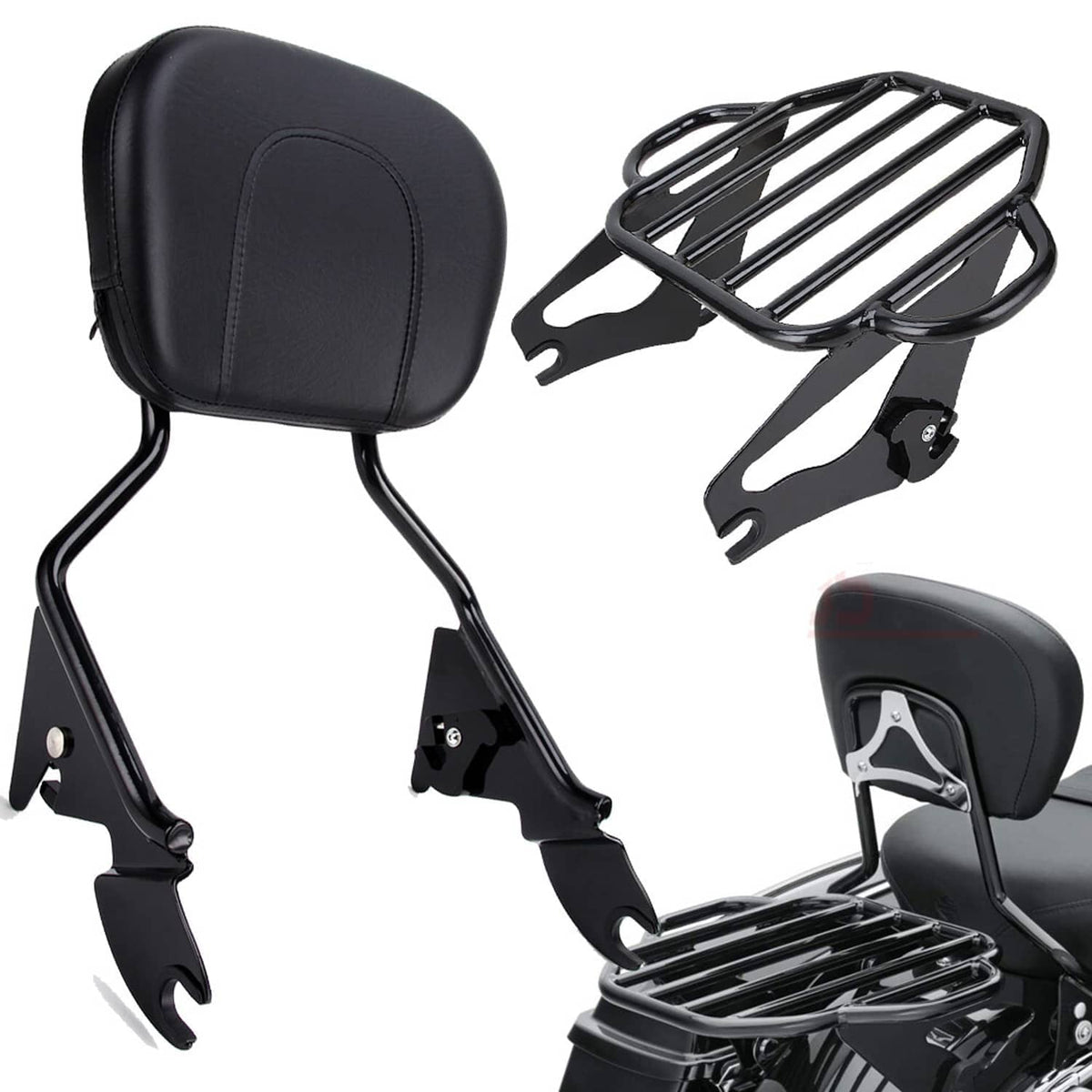 Motorcycle sissy bar backrest pad with black steel luggage rack and mounting brackets