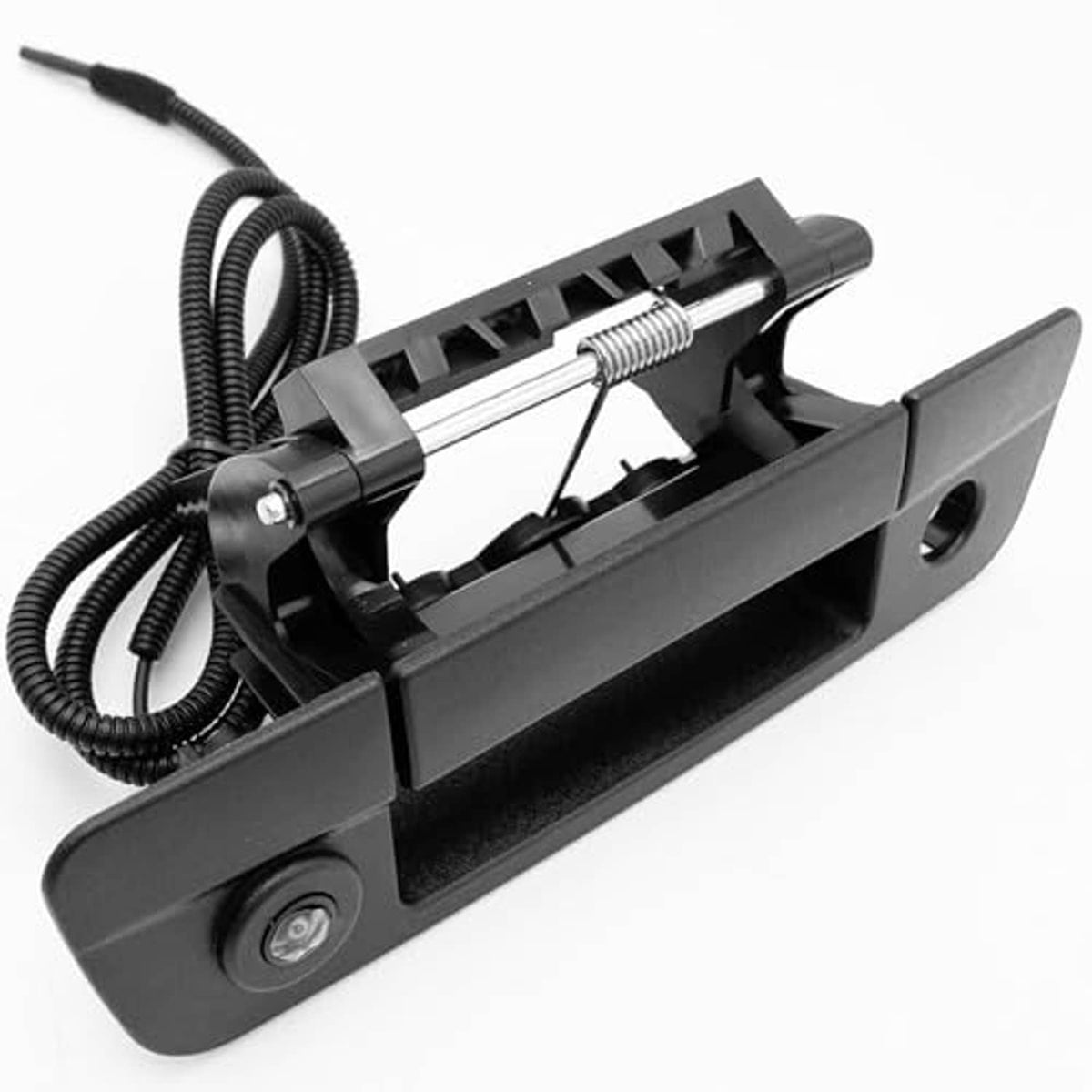 Black tailgate camera handle with built-in lens and attached cable harness