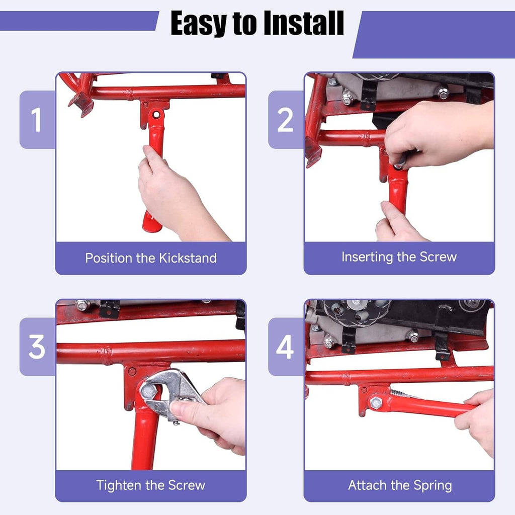 Mini bike kickstand installation steps showing placement and tightened screw