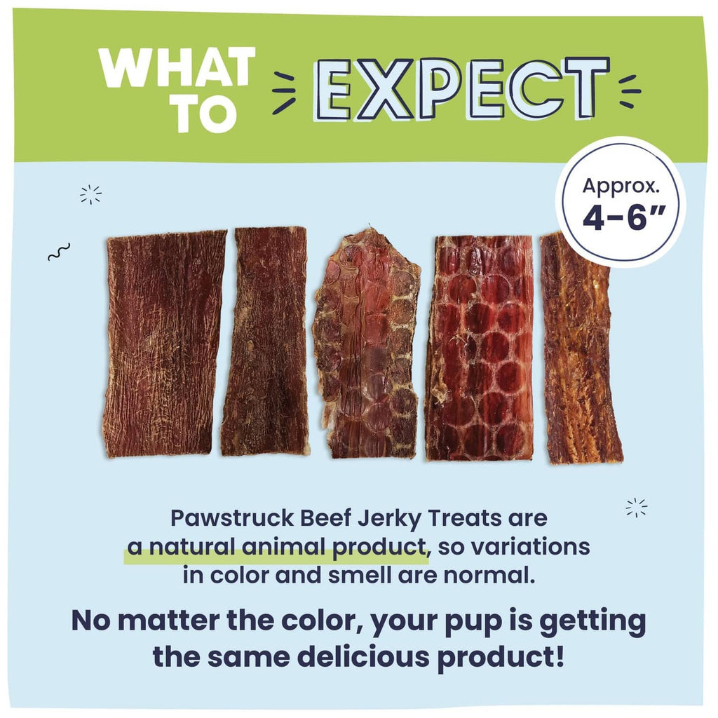 Approx. 4–6 in beef jerky strips shown for Pawstruck dog treats
