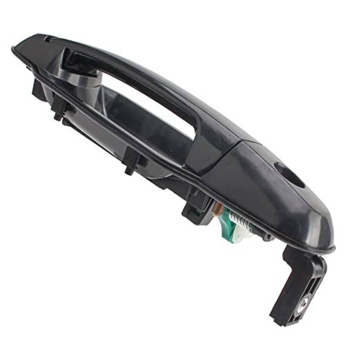 Black exterior door handle with exposed internal spring and green clip