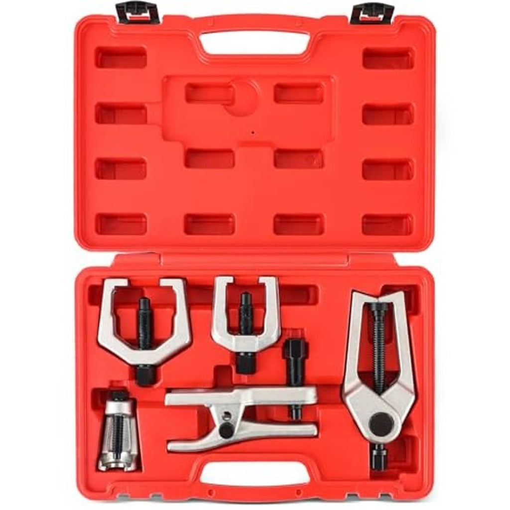 Red ball joint separator tool kit with puller jaws, threaded rods, and silver handles